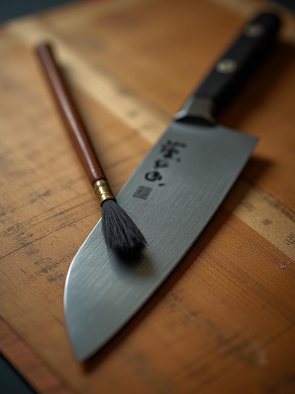 A traditional calligraphy brush resting beside a handcrafted Japanese chef's knife on a wooden surface.